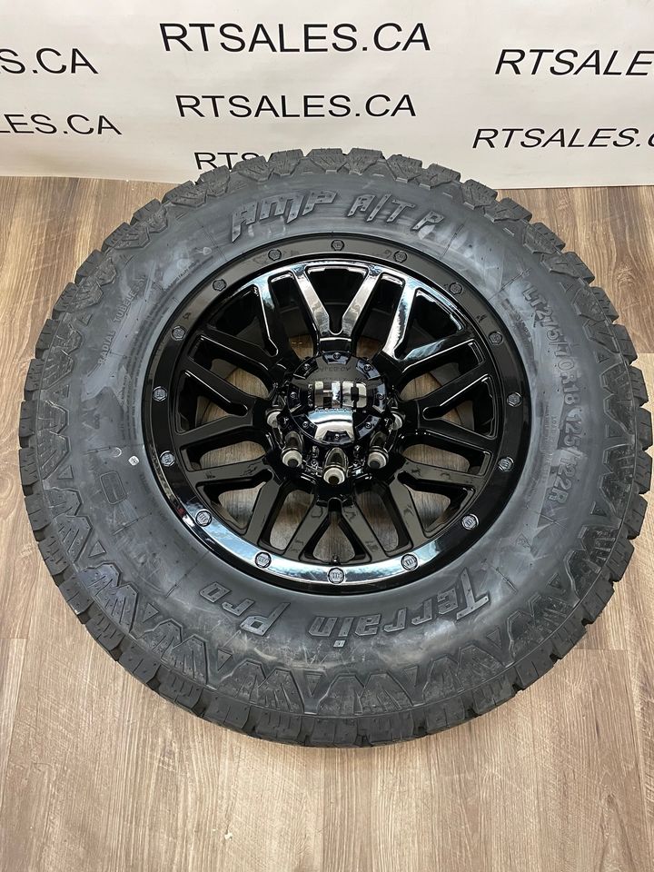 275/70/18 AMP All weather tires Black Rims GMC Chevy 2500 3500