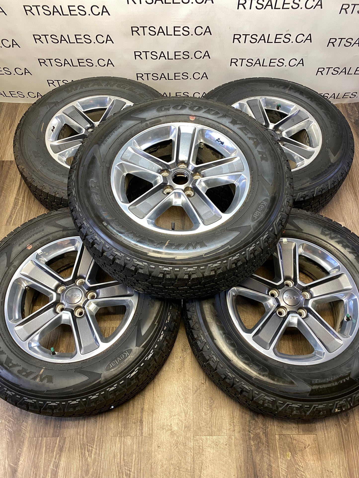 255/70/18 Goodyear AT Tires 18 inch Jeep Factory OEM Rims 5x127 (Set of Five)