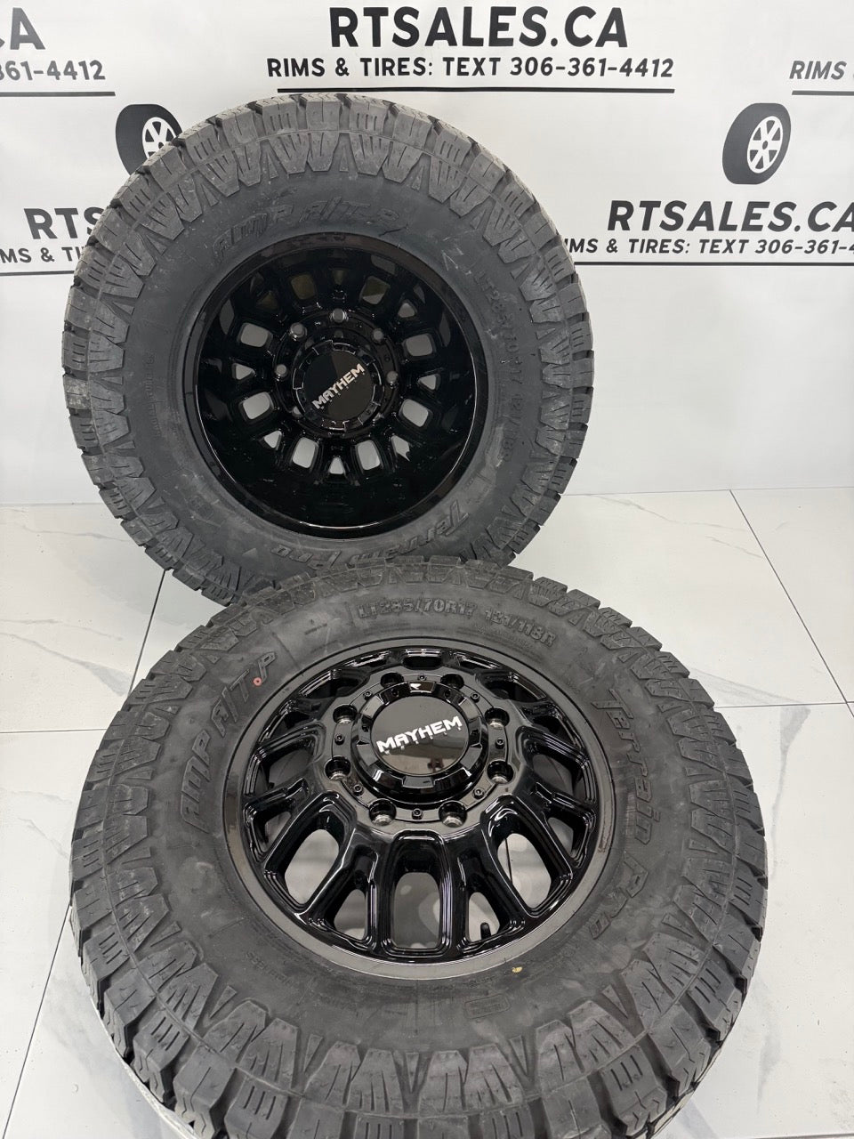 LT285/70/17 Amp Tires Mayhem Dually Rims 17 inch