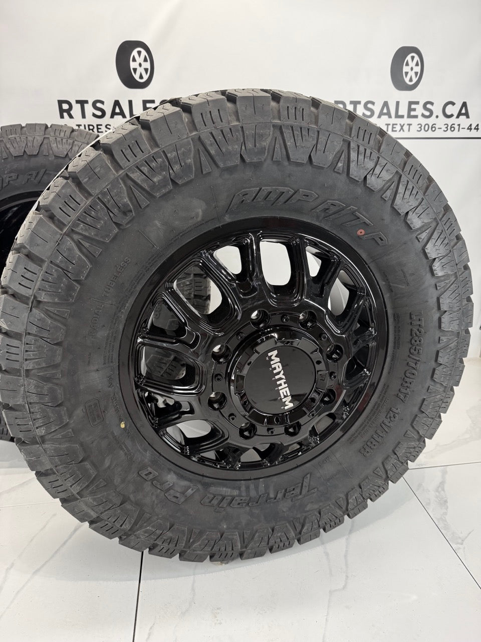 LT285/70/17 Amp Tires Mayhem Dually Rims 17 inch