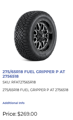 275/65/18 Fuel Gripper A/T ALL Terrain tires 18 inch
