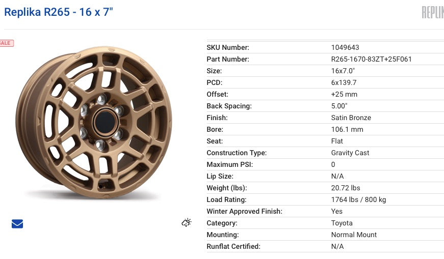 16x7 Fast Replica Rims 6x139.7 Tacoma