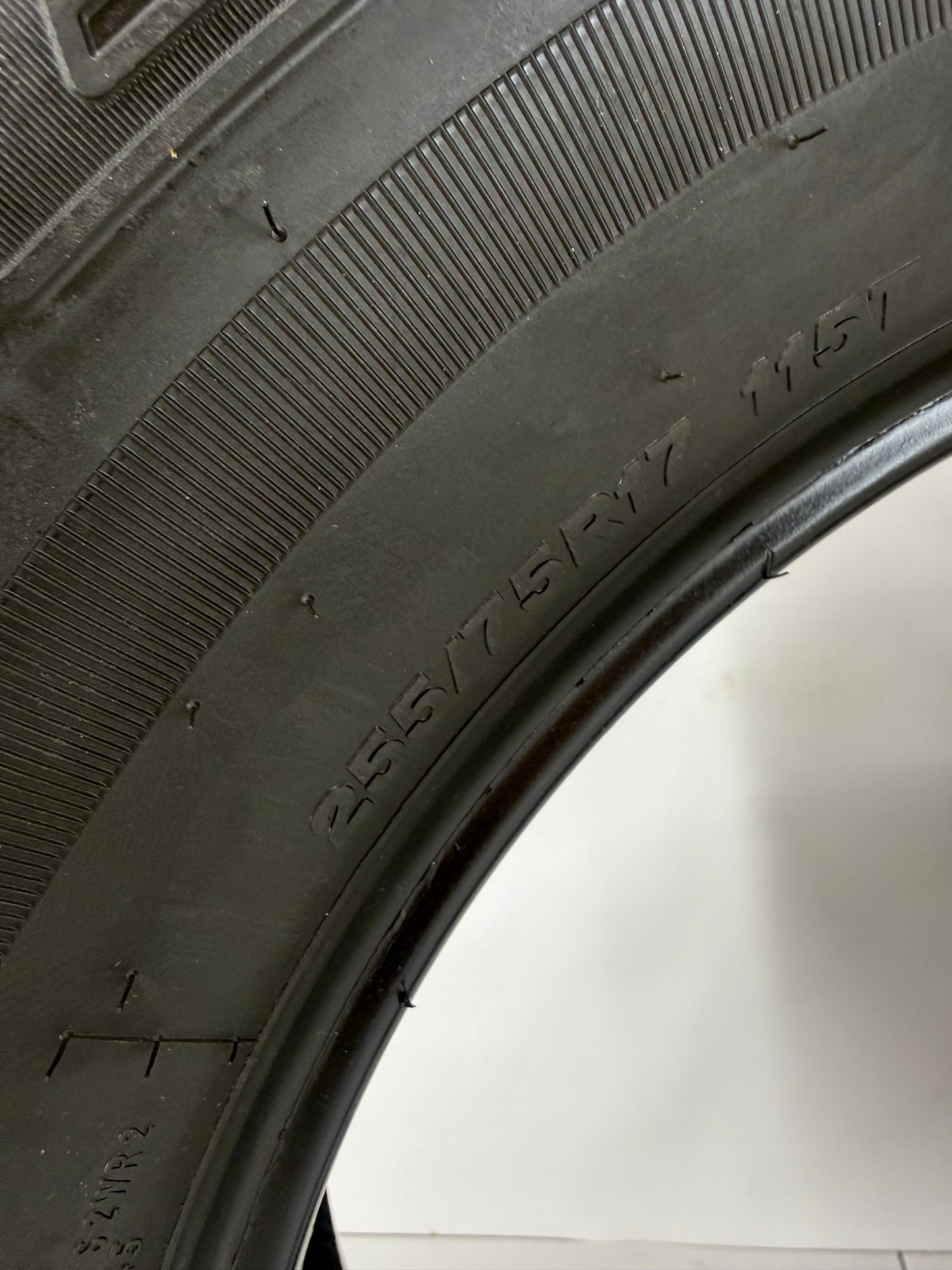 255/75R17 115T sidewall size stamp — Bridgestone Dueler A/T RH-S takeoff tire