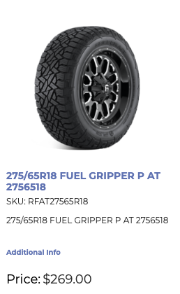 275/65/18 Fuel Gripper A/T  ALL Terrain tires 18 inch