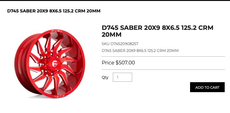 20x9 Fuel Saber Rims 8x165