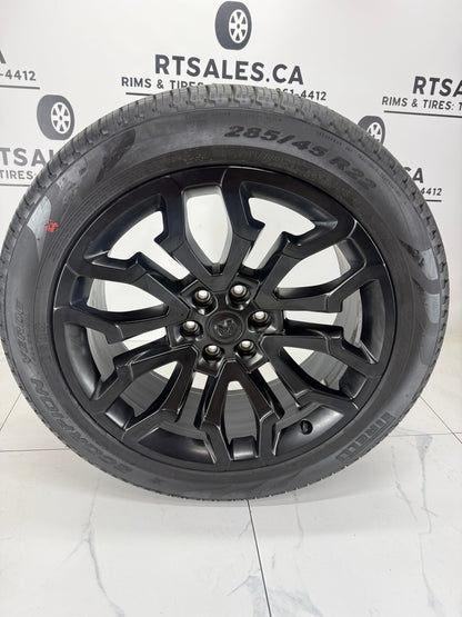 22 inch black Ram 1500 OEM takeoff wheel with 285/45R22 Pirelli Scorpion Verde tire
