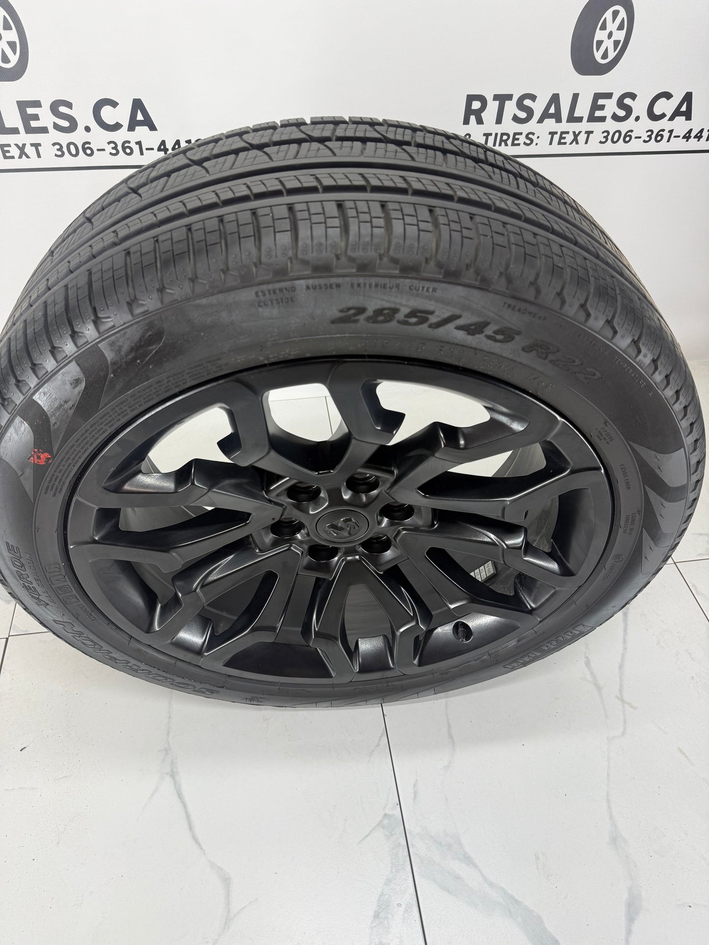 Side profile of 285/45R22 Pirelli Scorpion Verde tire on Ram 1500 OEM wheel