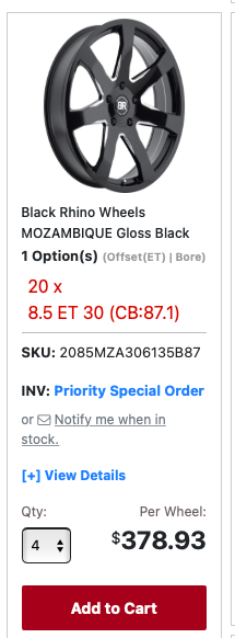 20x8.5 Black Rhino rims 6x135 Ford F-150 New