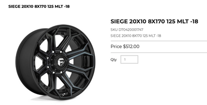 20x10 Fuel Siege Rims 8x170